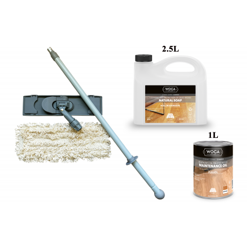 Kit Saving: DC123, Standard clean natural classic oiled floors inc 2.5ltr Woca natural soap, 1ltr Maintenance Oil and a Breakframe Mop  (DC)